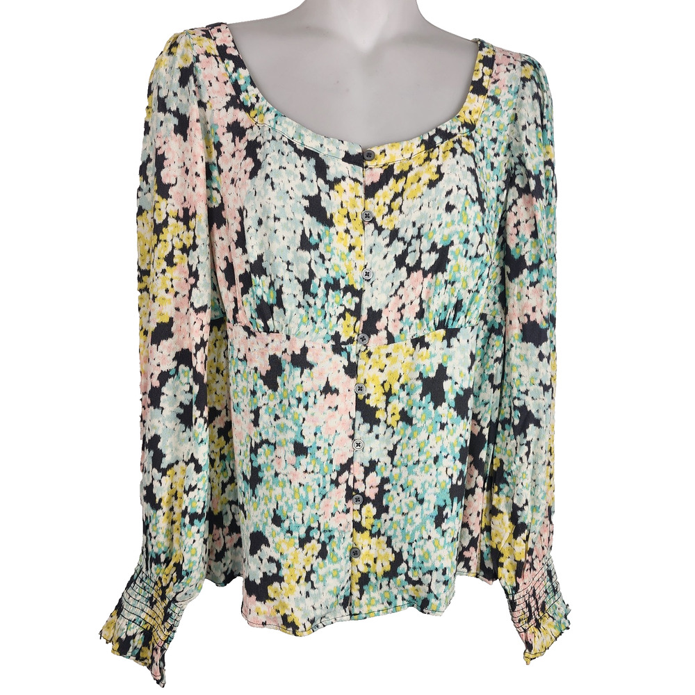 Loft Womens Top SP Garden Floral Empire Waist Button Smocked Cuff Cottagecore